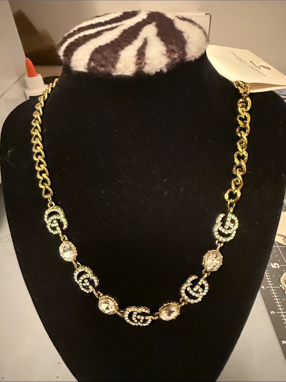 Gold Crystal Link Necklace with Clear Gem Accents - Women Jewelry
